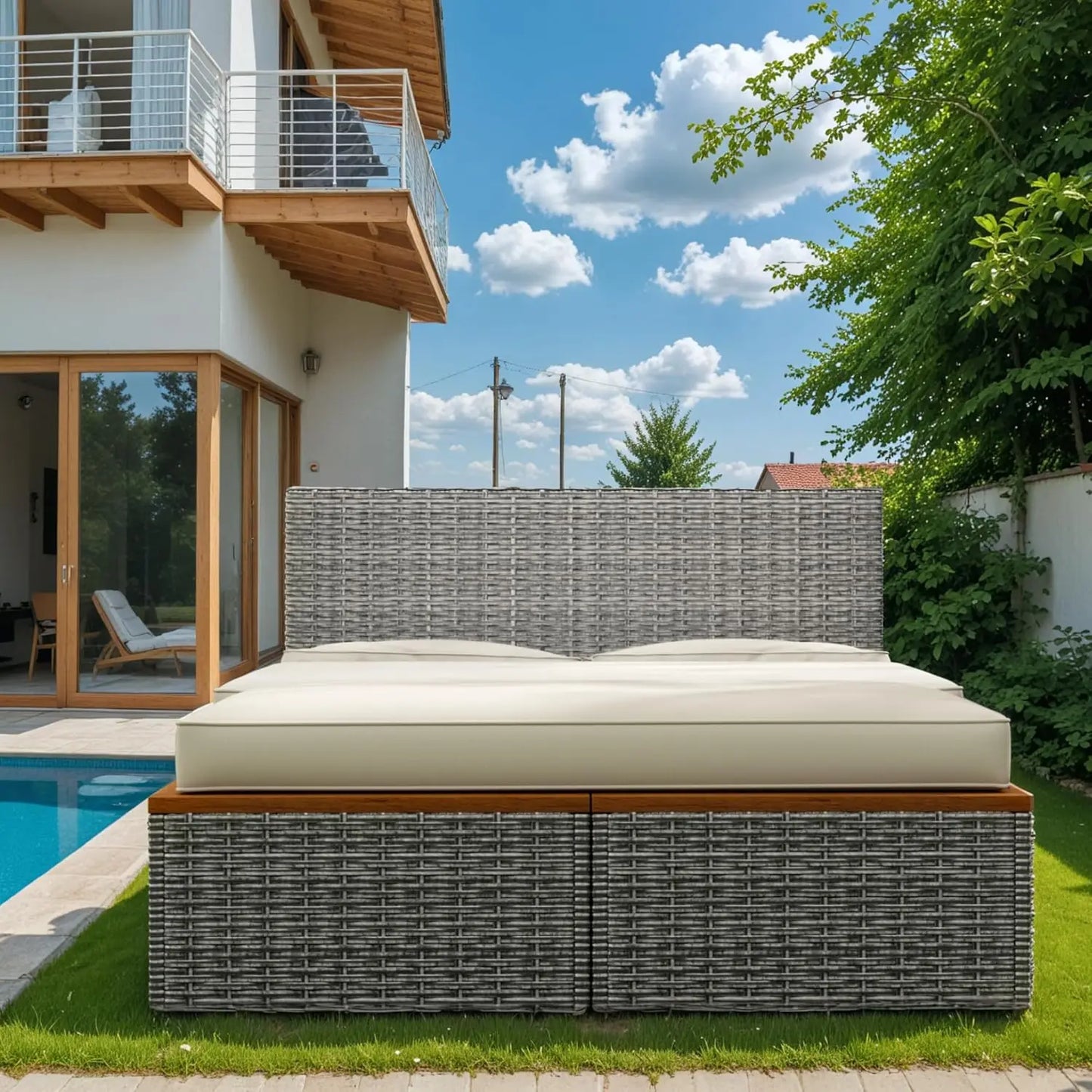 Outdoor Rattan Daybed with 2 Side Tables, Multifunctional Wicker Patio Sofa with Storage Ottoman, Cushions, Customized