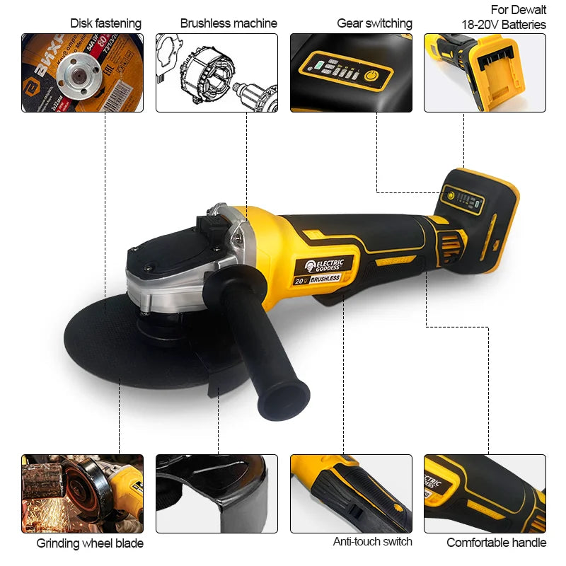 100/125mm Brushless Angle Grinder Metal Polishing 4 Gears Cordless Grinding Machine Power Tool For Dewalt 20v Battery Pins