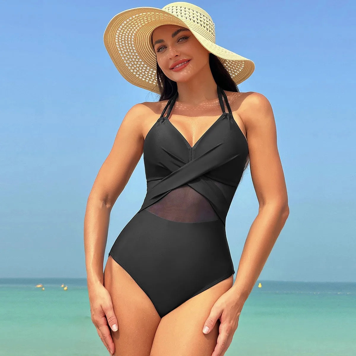 Women's Sleeveless Solid Color Mesh Tankini Bikini Set – Tankini Woman Bathing Suit for Summer Beach Swimwear Dames with Sheer