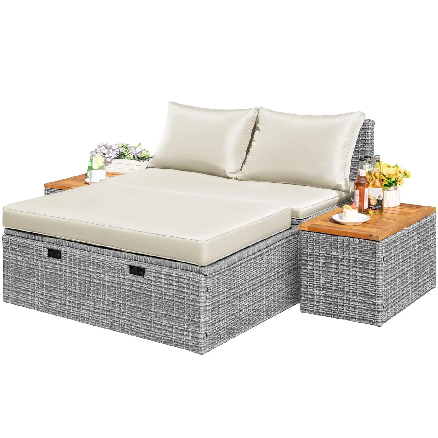 Outdoor Rattan Daybed with 2 Side Tables, Multifunctional Wicker Patio Sofa with Storage Ottoman, Cushions, Customized