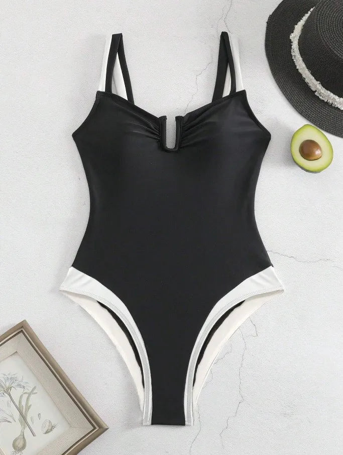 2026 Bikini Woman Tankini Deep V Neck Bikinis Black And White High Cut Leg Swimsuit Ruched Bust Swimwear Women's Tankinis