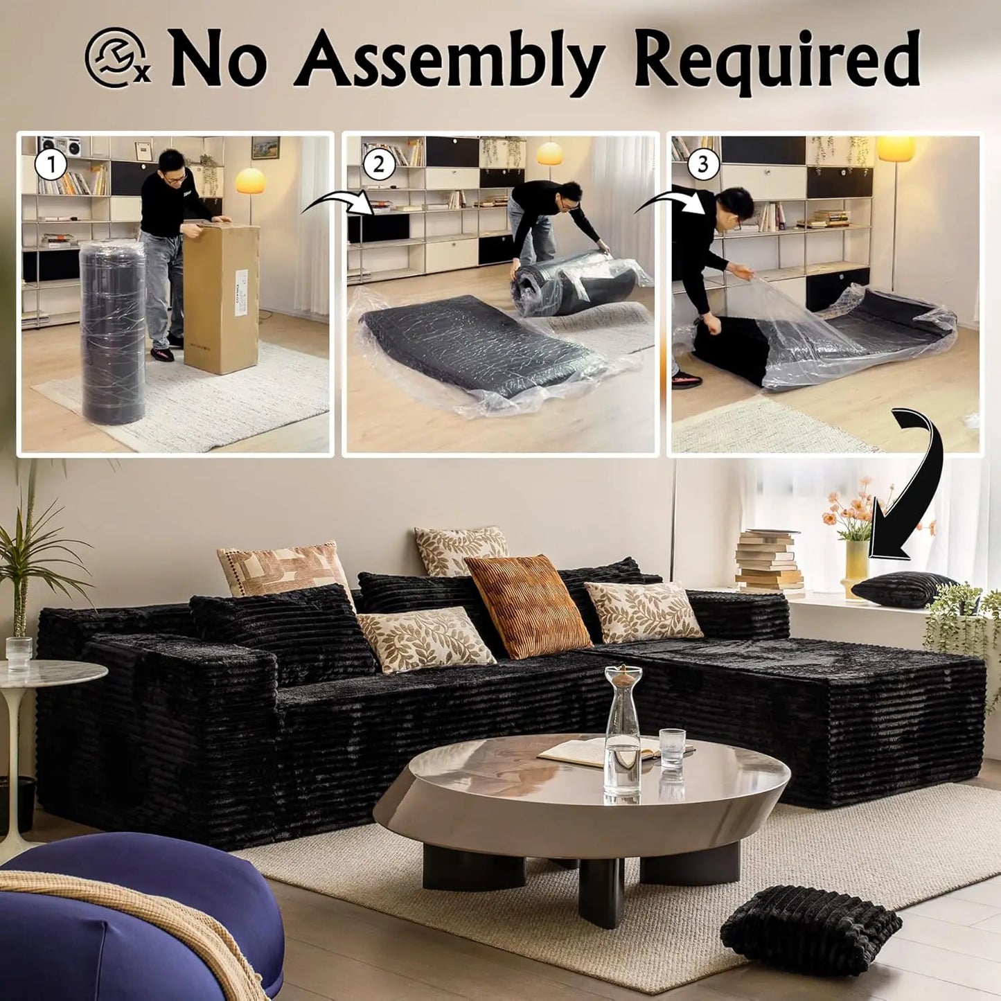 Black sectional couches for Living Room Corduroy Couch，104" Cloud Sectional Couch with L-Shape Chaise， Modern, Customized