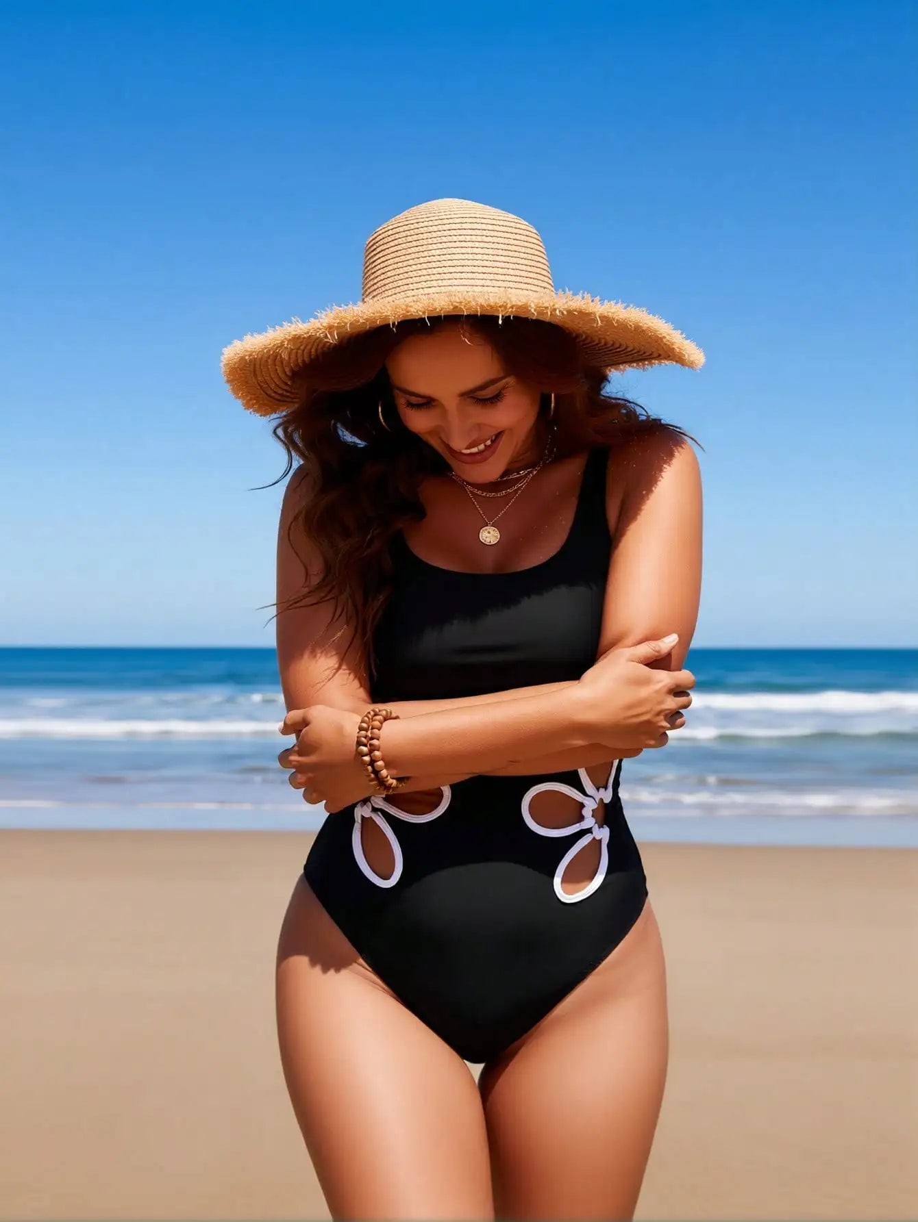 2026 New Women's One-Piece Swimsuit: Solid Black, White Floral Cutout Side Detail, Scoop Neck, High-Cut Leg, Chic Beach Style