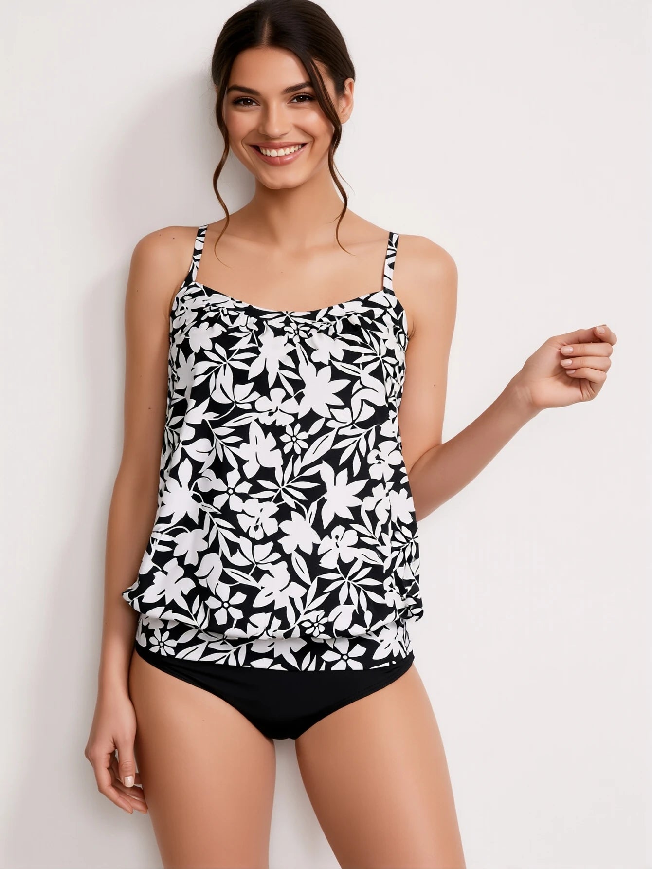 2026 New Black White Floral Print Tankini Set, Thin Spaghetti Strap Blouson Scoop Neck Top Solid High Cut Bikini Bottoms
