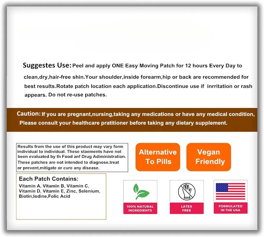 30 Patches Multivitamin Transdermal Patches Vitamins A, B, C, D, E, Biotin For Women , Brain, Heart, Immune & Energy