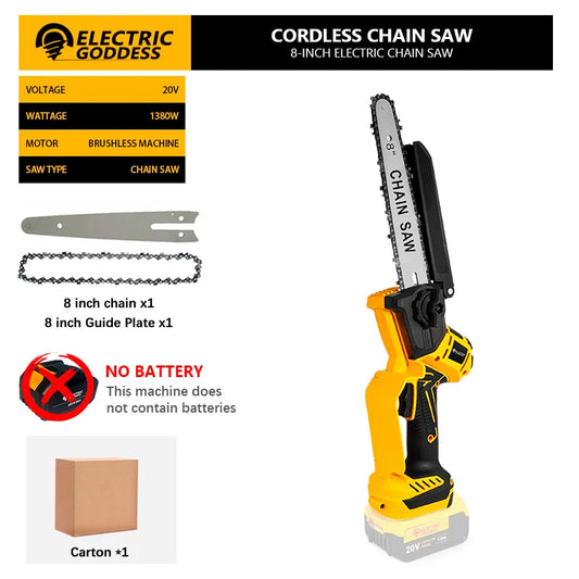 8 Inch 1380W Brushless Yellow Electric Chain Saw Professional Garden Pruning Saw Power Tool For Dewalt 20V Battery Pin
