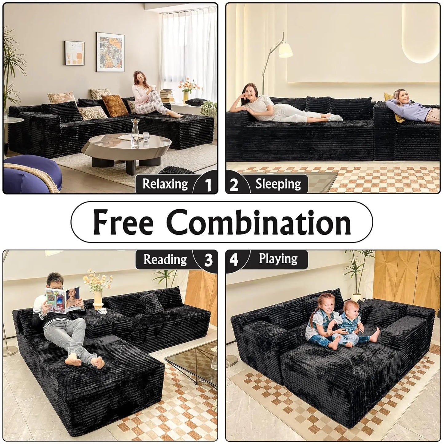 Black sectional couches for Living Room Corduroy Couch，104" Cloud Sectional Couch with L-Shape Chaise， Modern, Customized
