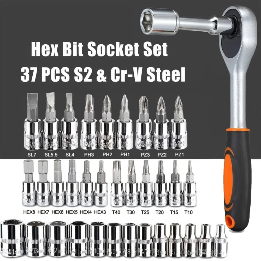 Hot 46Pcs 1/4" Drive Socket Wrench Set, Ratchet Screwdriver & Bit Kit, Carbon Steel, Auto Repair Hand Tool Set with Storage Case