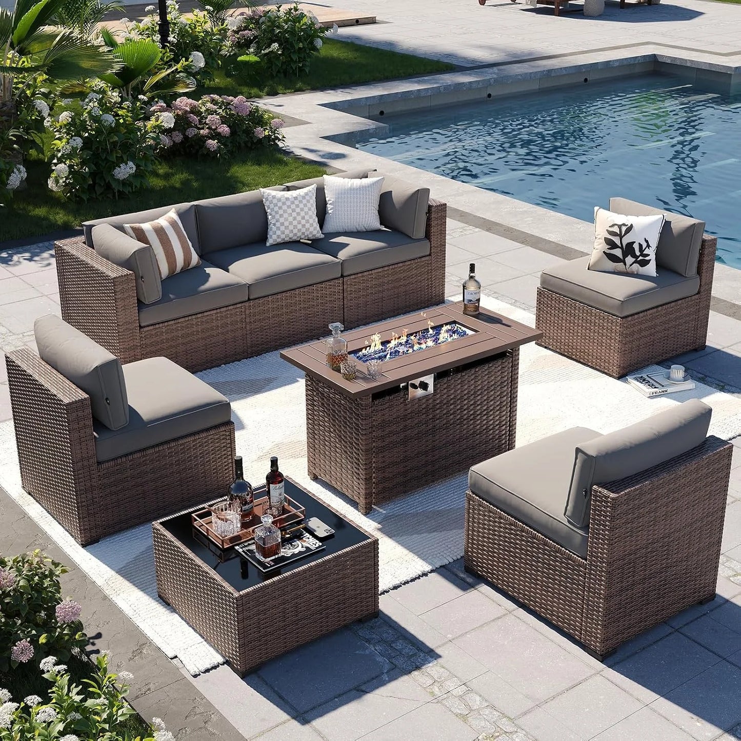 Nordivale 44'' Outdoor Wicker Gas Fire Pit Table, 50,000 BTU Propane Firepit with Lid, Patio Furniture Set for Backyard Poolside Garden (Brown)