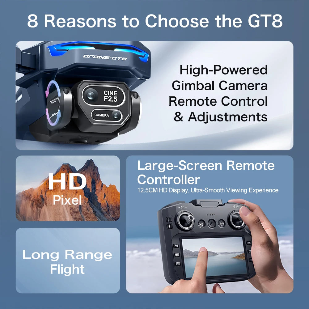 Original GT8 Drone 8K HD Three-camera Aerial Photography Wifi FPV RC with screen Brushless Motor Folding Quadcopter Dron Toys