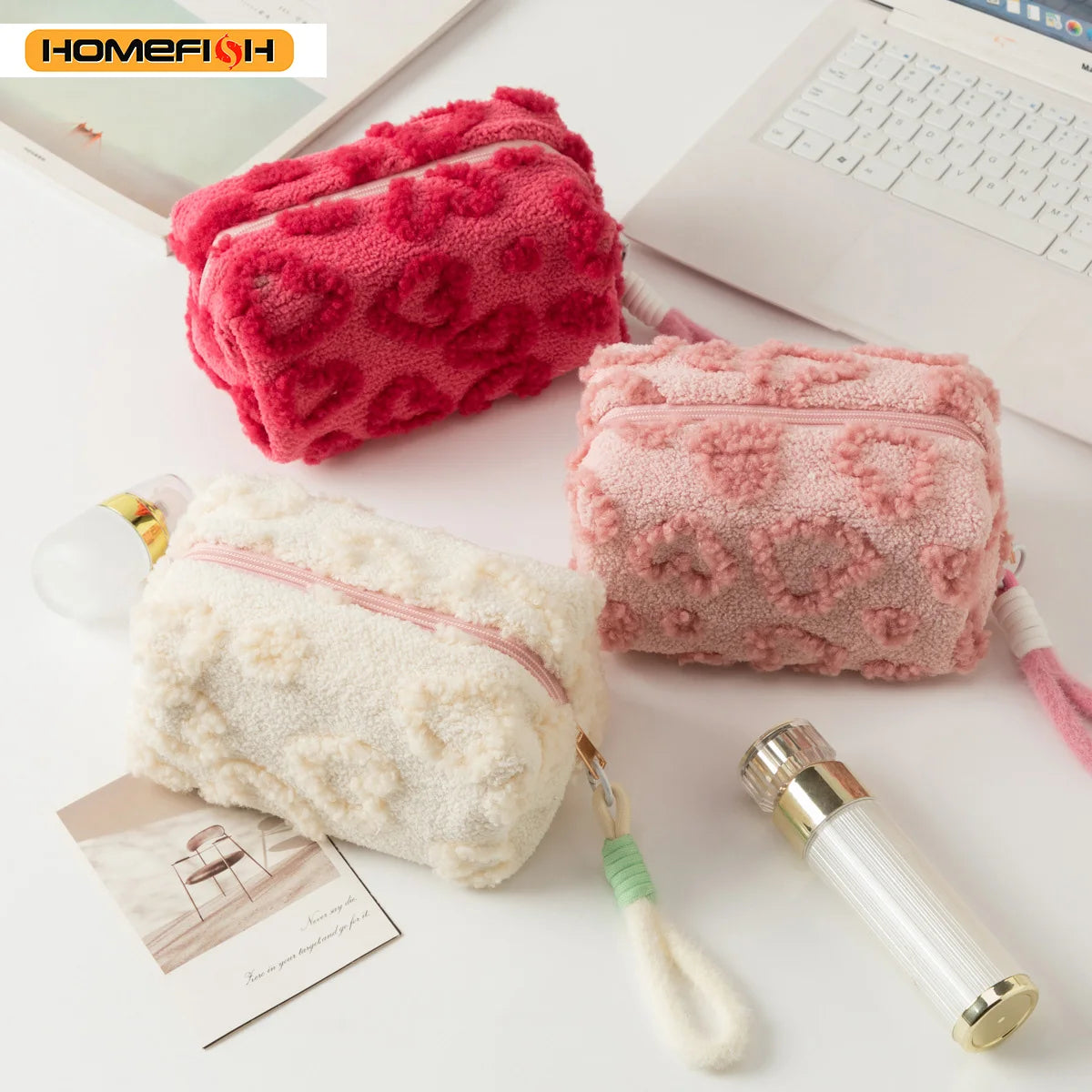 HOMEFISH Makeup Bags with Handle Soft Travel Cosmetic Storage Bag Portable Love Print Organizer Pencil Case Cute Clutch Pouch