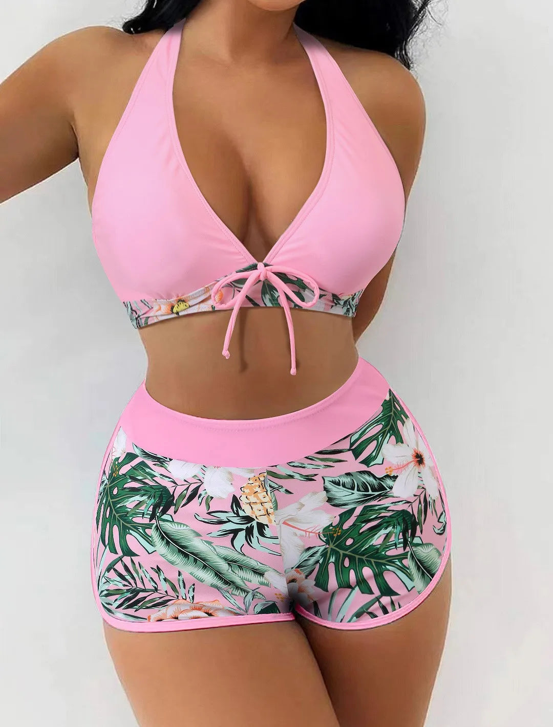 Swimsuit Woman Two Piece Swimsuit Sleeveless Tankini Top High Waist Shorts Swimwear With Tropical Leaf Print Halter Neck
