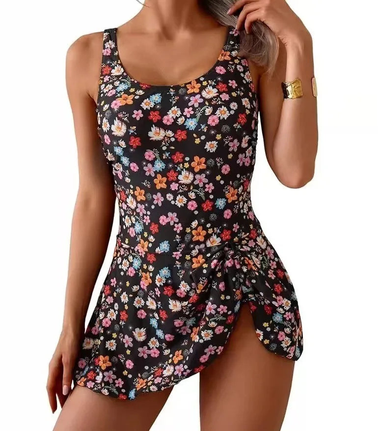 Women Swimsuit Floral Print Tummy Control Swimwear Backless Wrap Skirt Bathing Suit Side Tie Swimsuit Woman Solid Color High