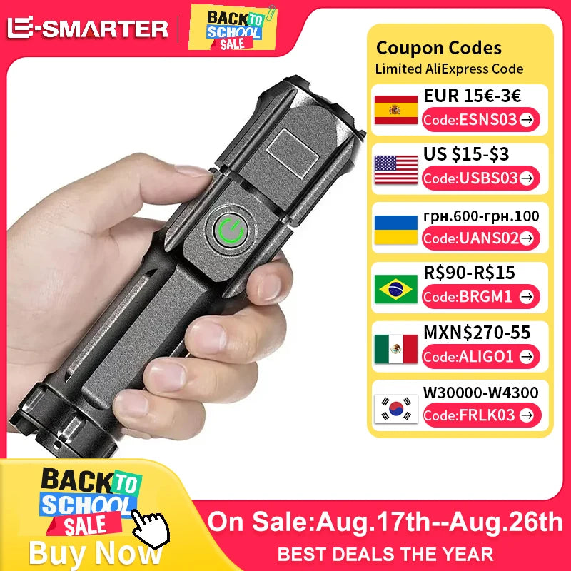Powerful LED Flashlight Rechargeable USB Waterproof Zoom Fishing Hunting Camping 100,00 Lumen Tactical Flashlight LED Torch