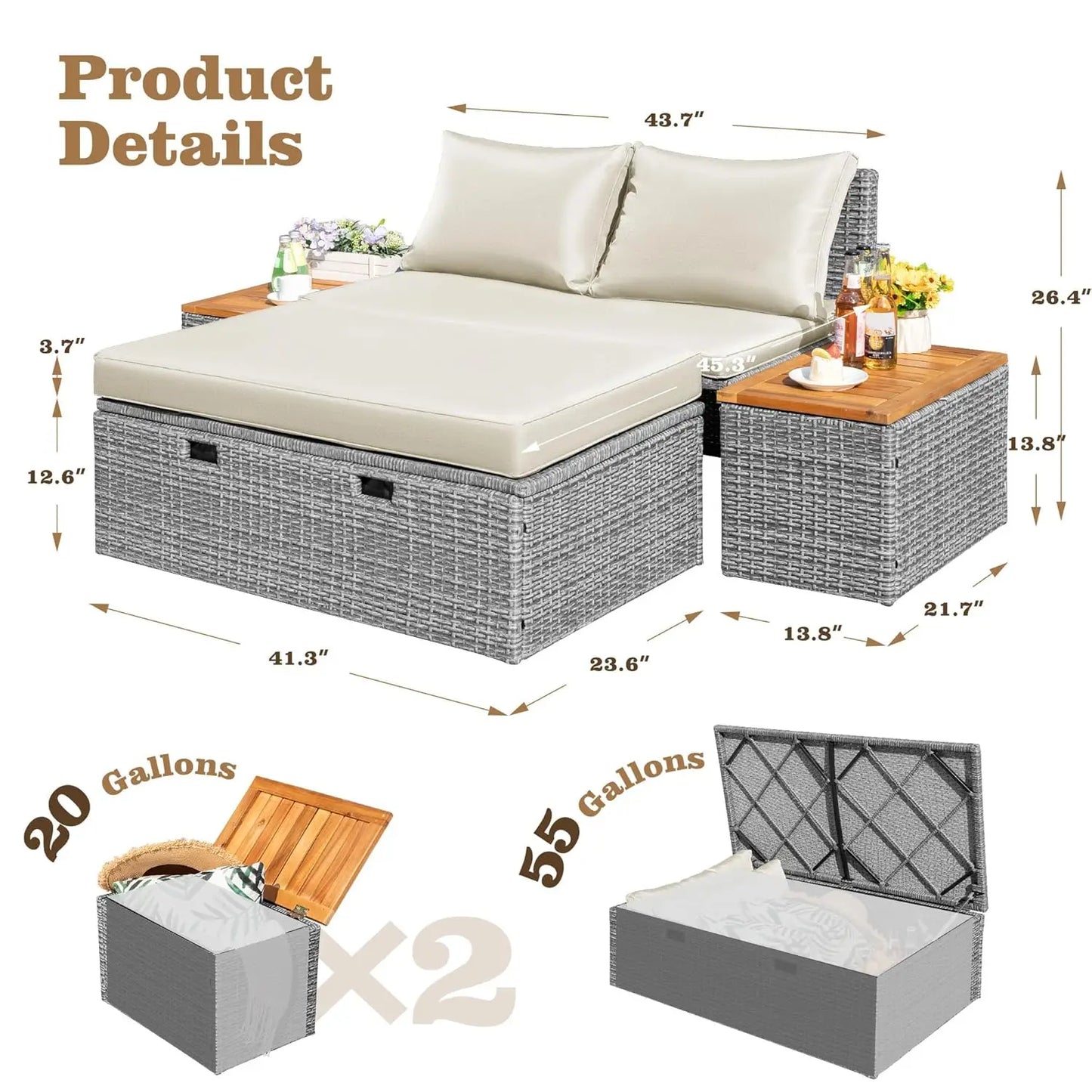 Outdoor Rattan Daybed with 2 Side Tables, Multifunctional Wicker Patio Sofa with Storage Ottoman, Cushions, Customized