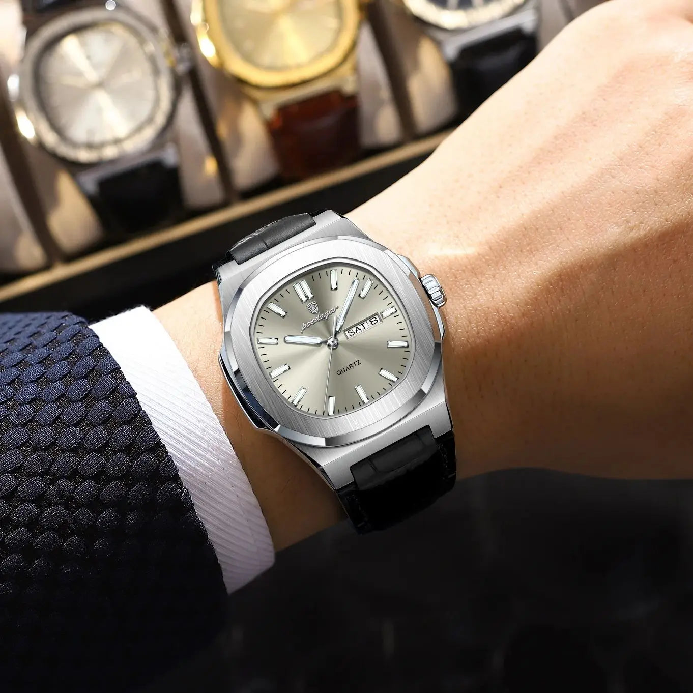 POEDAGAR Top Fashion Men's Quartz Watches Luxury Luminous Waterproof Man Clock Week Date Leather Business Men Watch Reloj Hombre