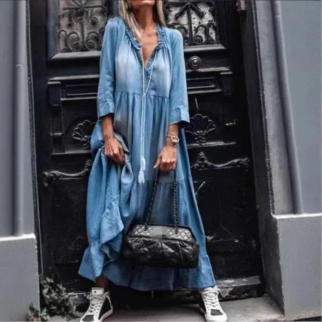 Ruffle Collar V Neck Three Quarter Sleeve Tiered Long Dress Loose Flowy A Line Hem Soft Casual Street Maxi Dress