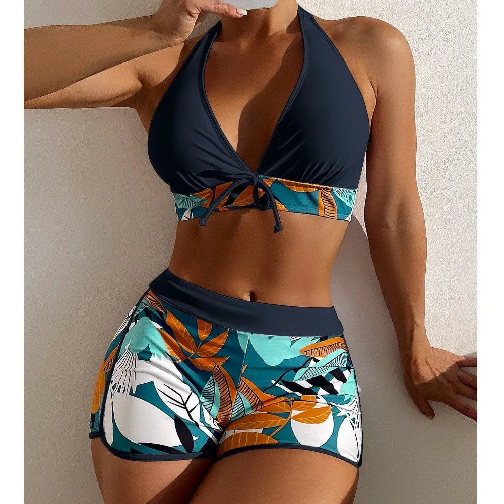 Swimsuit Woman Two Piece Swimsuit Sleeveless Tankini Top High Waist Shorts Swimwear With Tropical Leaf Print Halter Neck