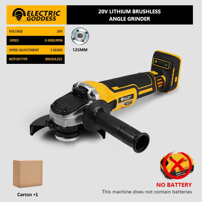 Electric Goddess 125mm Brushless Electric Angle Grinder Power Tool Cordless Polishing Grinding Tool For Dewalt 20V Battery Pin