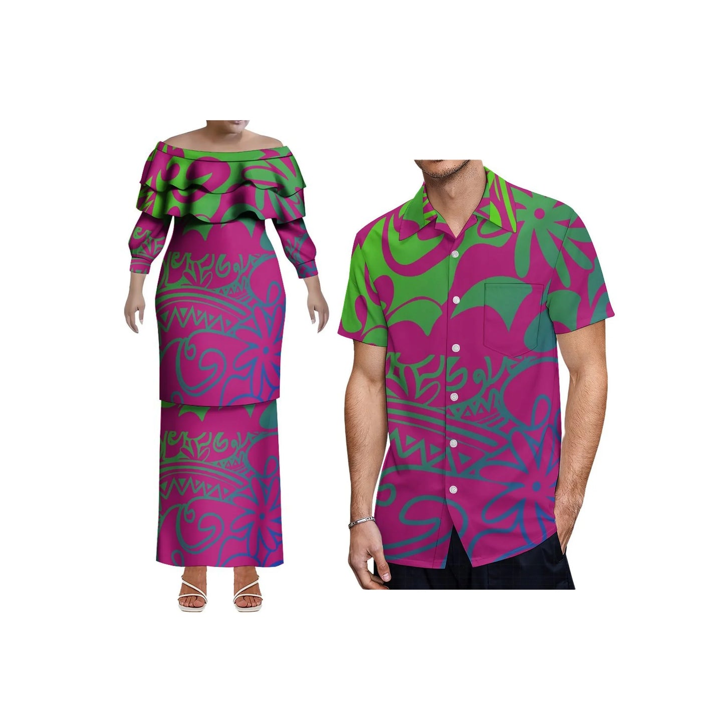 Pacific Island Art Design Customized Plus Size Ladies Long Sleeve Dress Samoa Puletasi Double Layered Ruffle Dress Two Piece Set