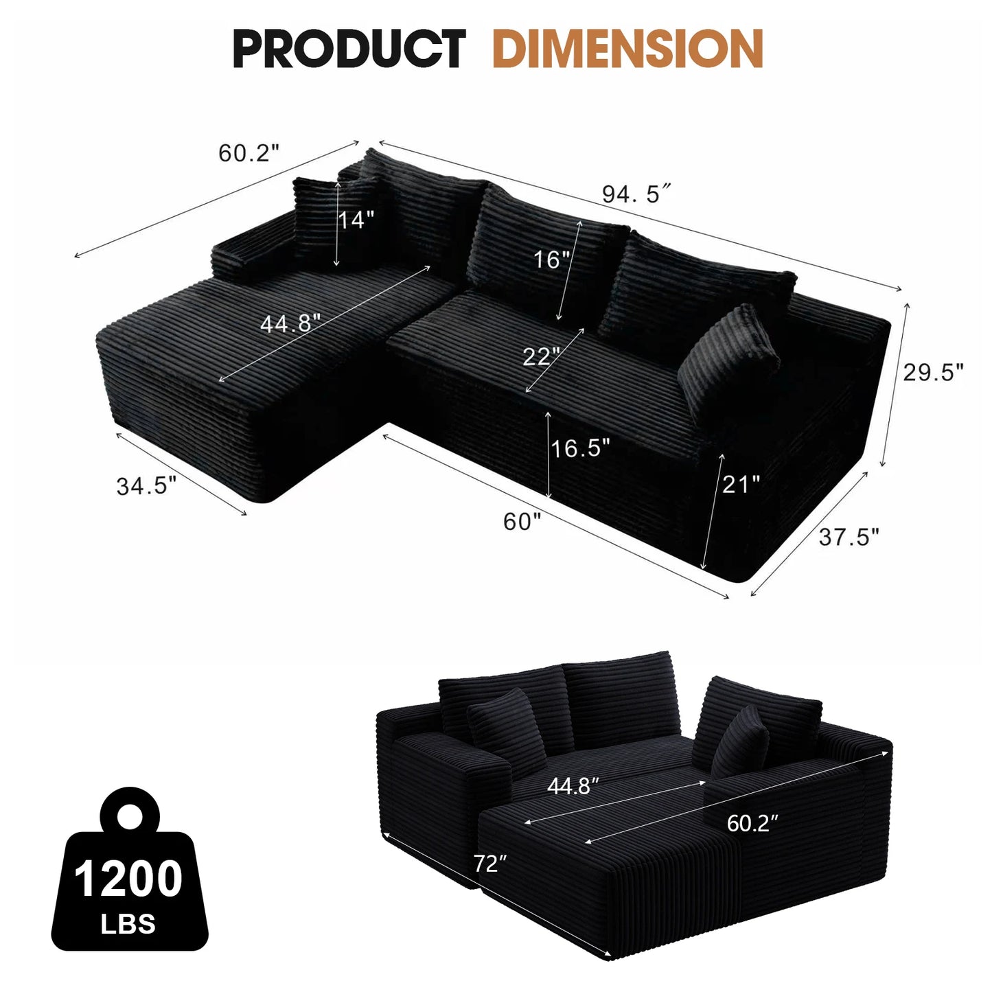 94.5" Cloud Modular Sectional Corduroy Sofa with L-Shape Chaise, No Assembly Deep Seat Corner Couch for Living Room, Black