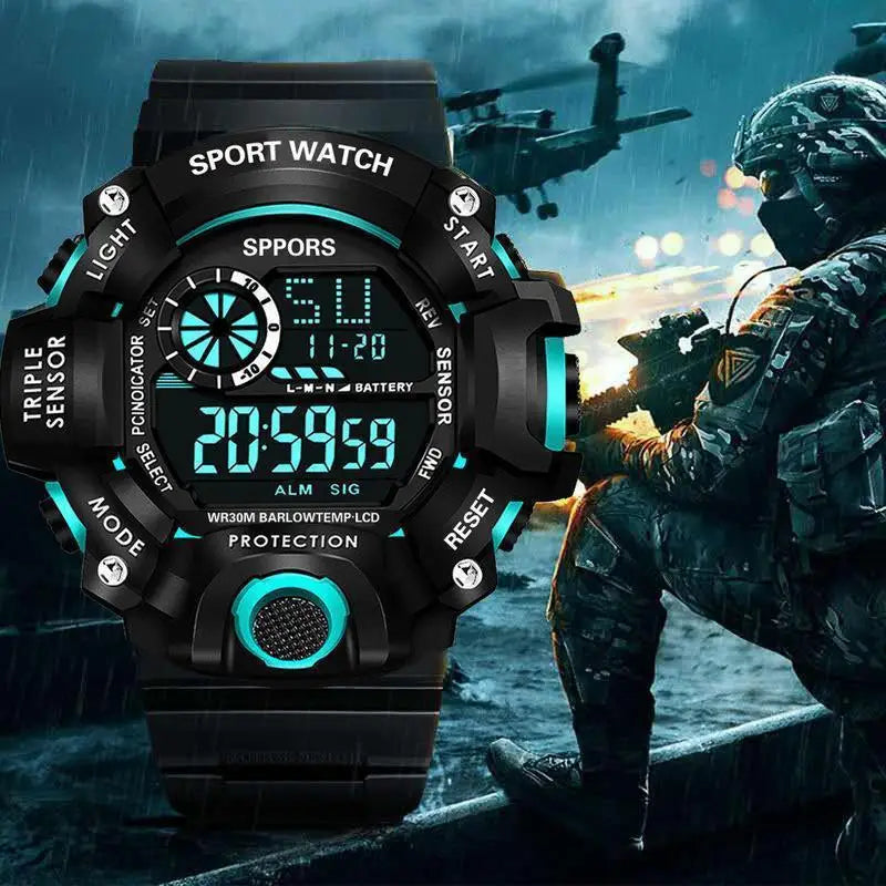Fashion Men's Watch Sports Electronic Wristwatch Large Dial Multifunctional Waterproof Luminous Alarm Kids Male's Military Watch