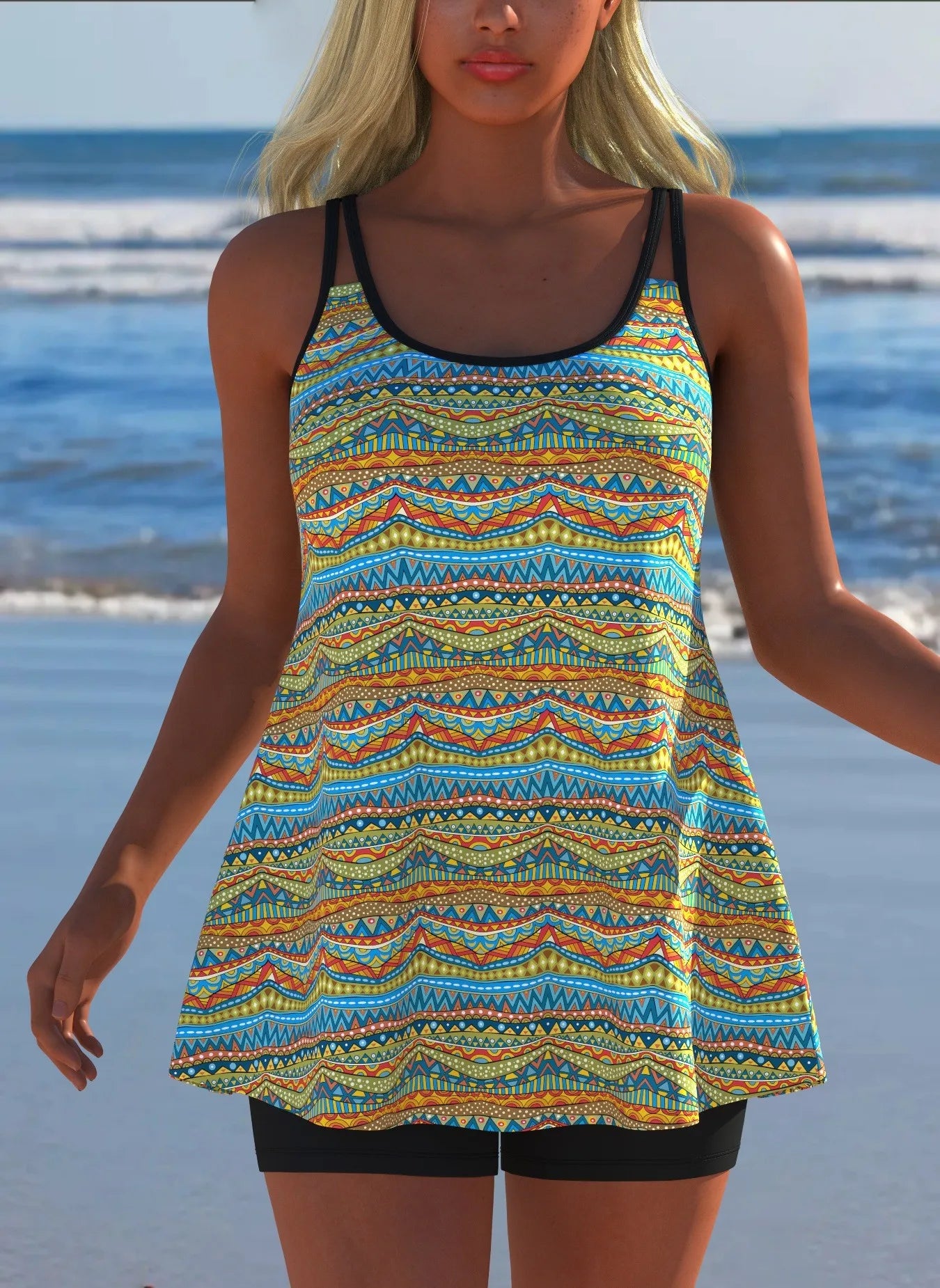 Black White Print Tankini Sleeveless Flared Hem Tankini Top High Stretch Swim Tank Gradient Adjustable Straps Two Piece Swim Top
