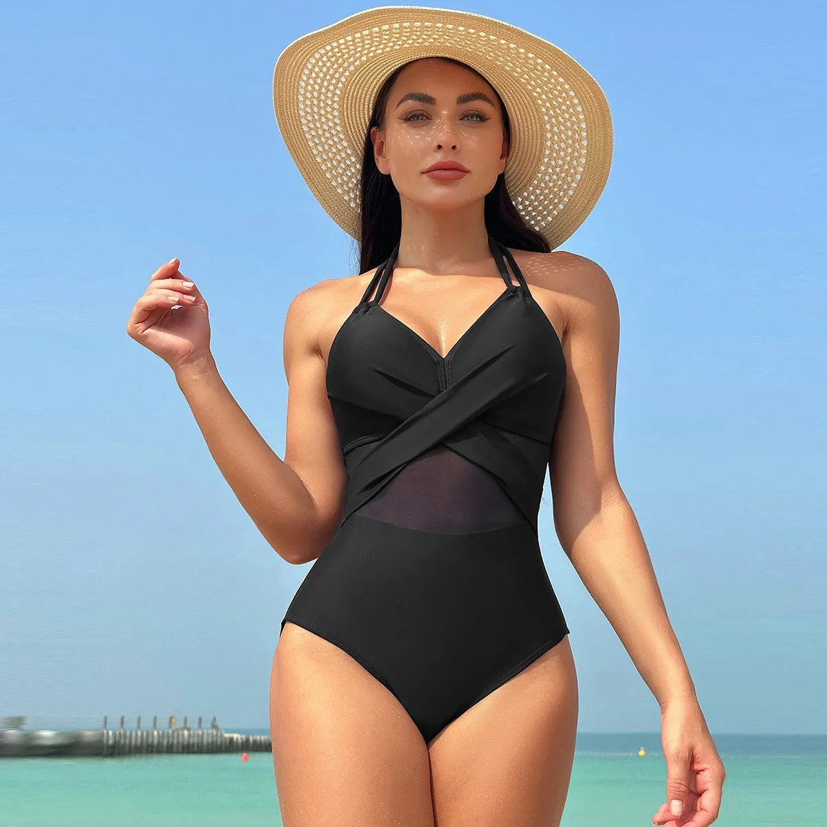 Women's Sleeveless Solid Color Mesh Tankini Bikini Set – Tankini Woman Bathing Suit for Summer Beach Swimwear Dames with Sheer
