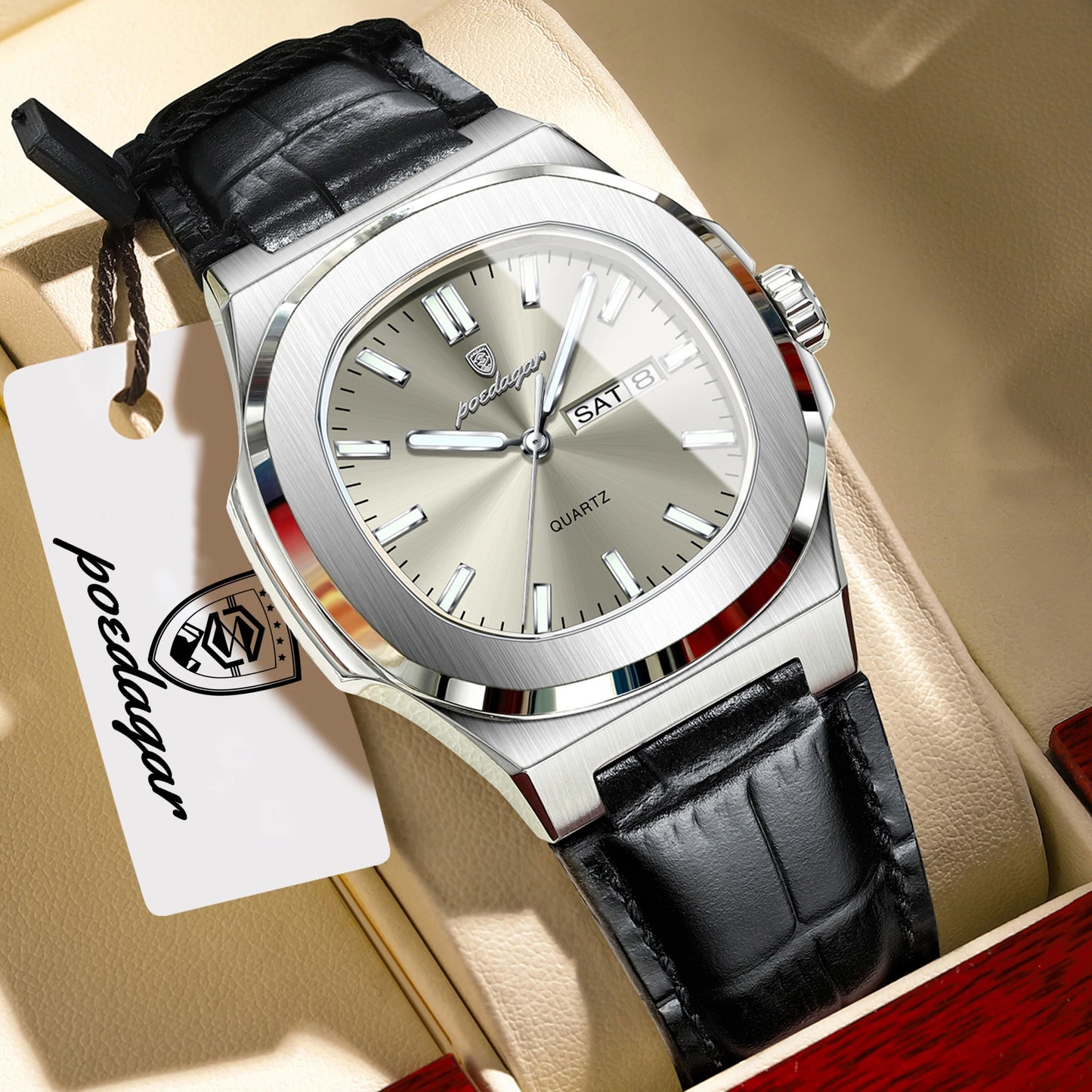 POEDAGAR Top Fashion Men's Quartz Watches Luxury Luminous Waterproof Man Clock Week Date Leather Business Men Watch Reloj Hombre