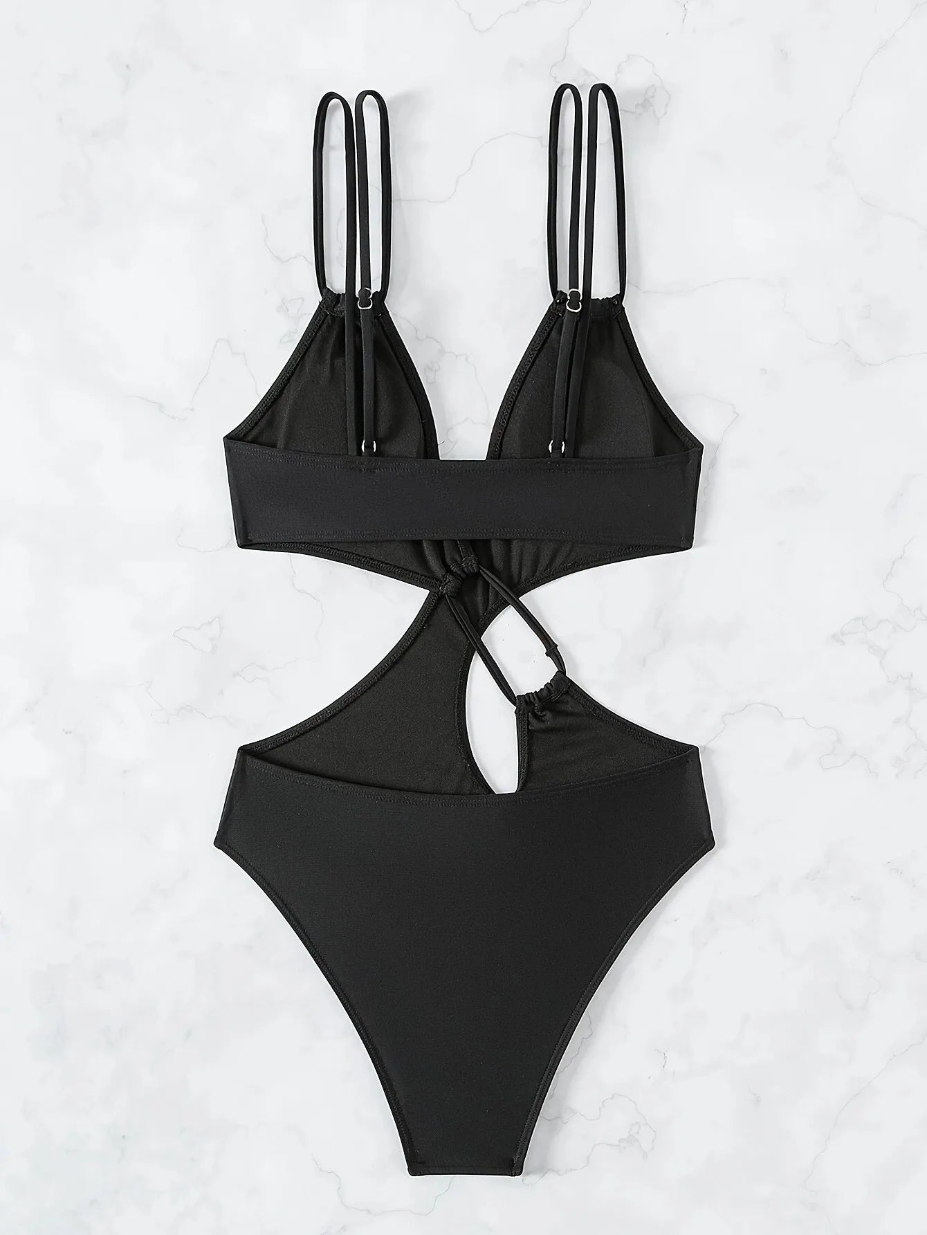 Woman Tankini Bathing Suit Black Monokini Deep V Neck Hollow Out Backless Design High Cut Bottom Slim Fit Adjustable Straps
