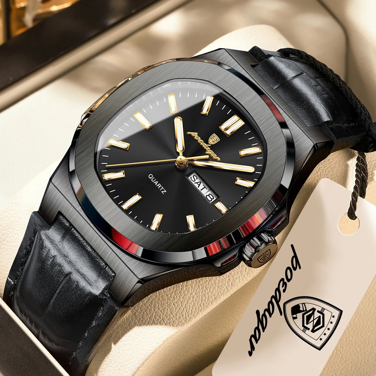 POEDAGAR Top Fashion Men's Quartz Watches Luxury Luminous Waterproof Man Clock Week Date Leather Business Men Watch Reloj Hombre