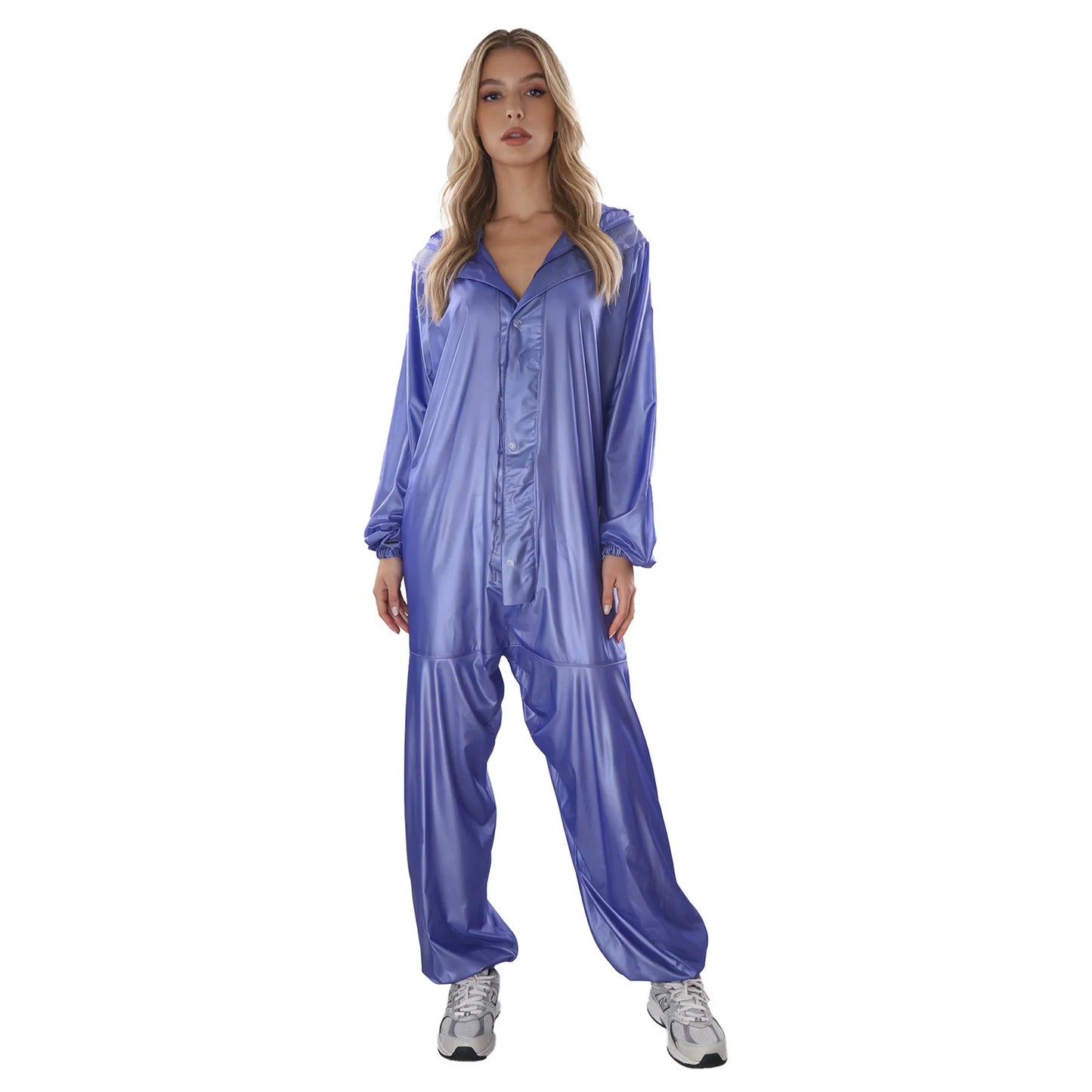 Adults One Piece Full-body Hooded Raincoat Hood with Drawstring Front Button And Zipper One-piece Waterproof Jumpsuit Workwear
