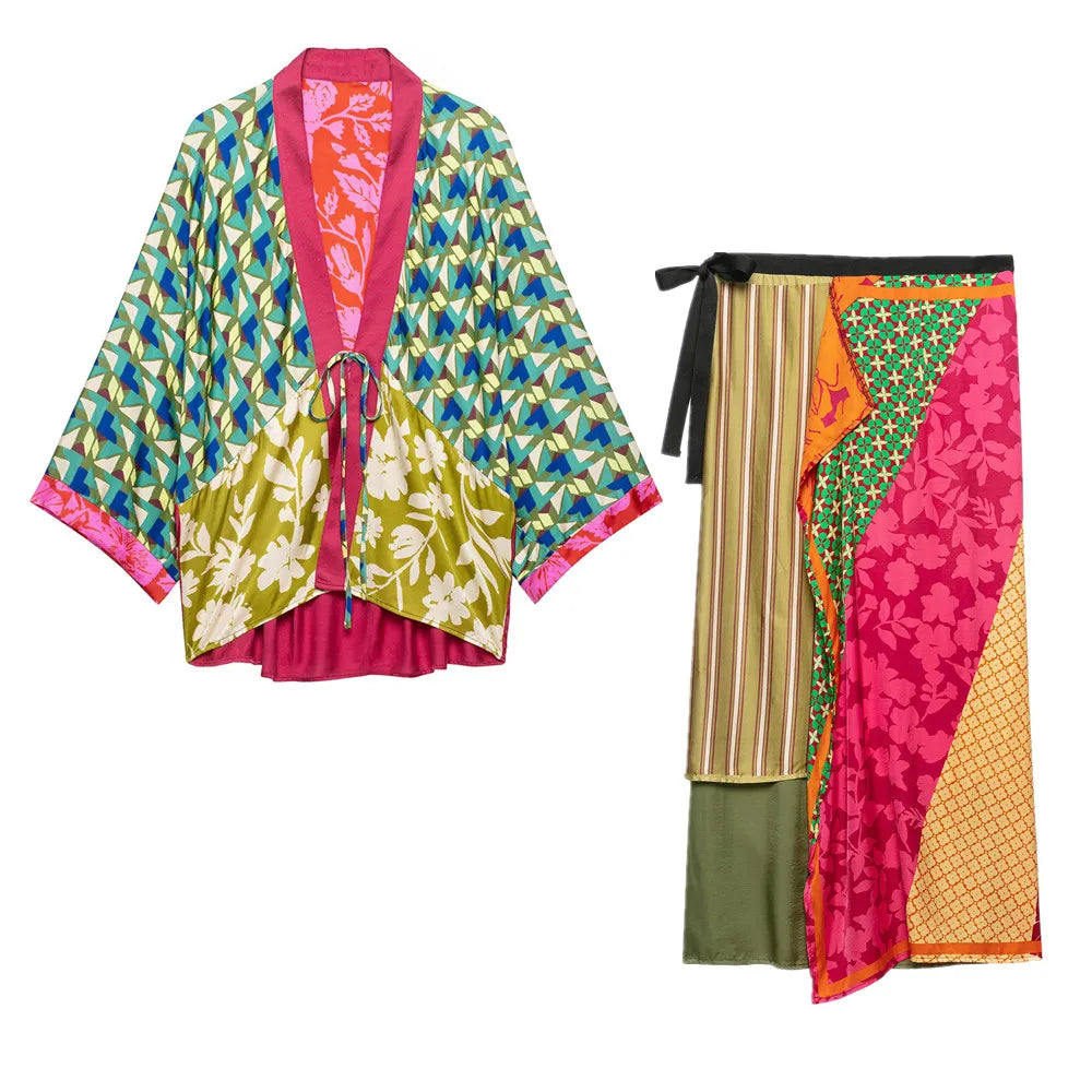 2 pieces 1 Set Autumn Contrast Color Geometric Print Bow Long Bat Sleeve Kimono Cardigan + Tie Bow Waist Asymmetry Skirts Suits