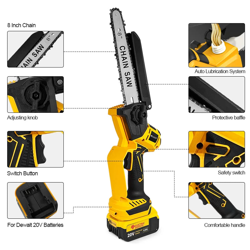 8 Inch 1380W Brushless Yellow Electric Chain Saw Professional Garden Pruning Saw Power Tool For Dewalt 20V Battery Pin