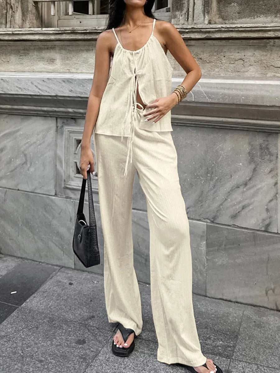 2026 Women Two Piece Set Women's Matching Sets Halter Spaghetti Strap Tie Front High Waist Wide Leg Pants Linen Beach Outfit