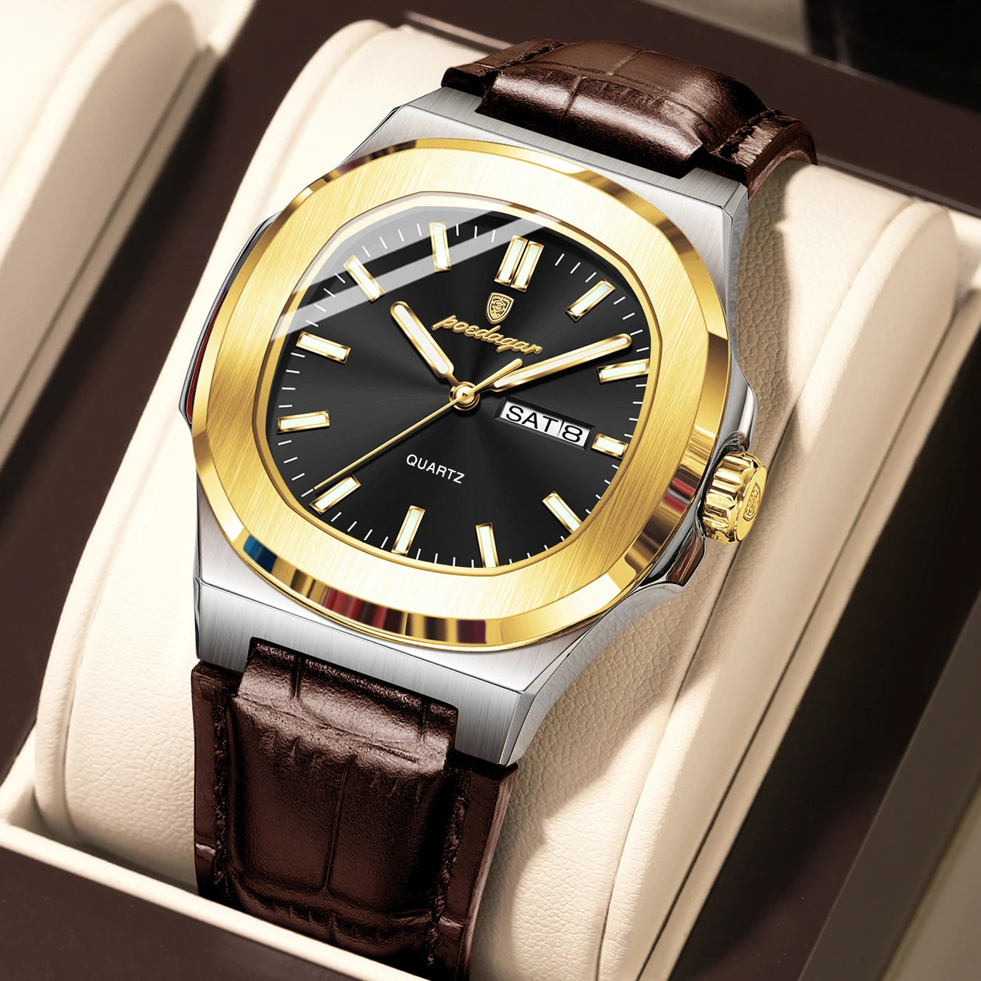 POEDAGAR Top Fashion Men's Quartz Watches Luxury Luminous Waterproof Man Clock Week Date Leather Business Men Watch Reloj Hombre