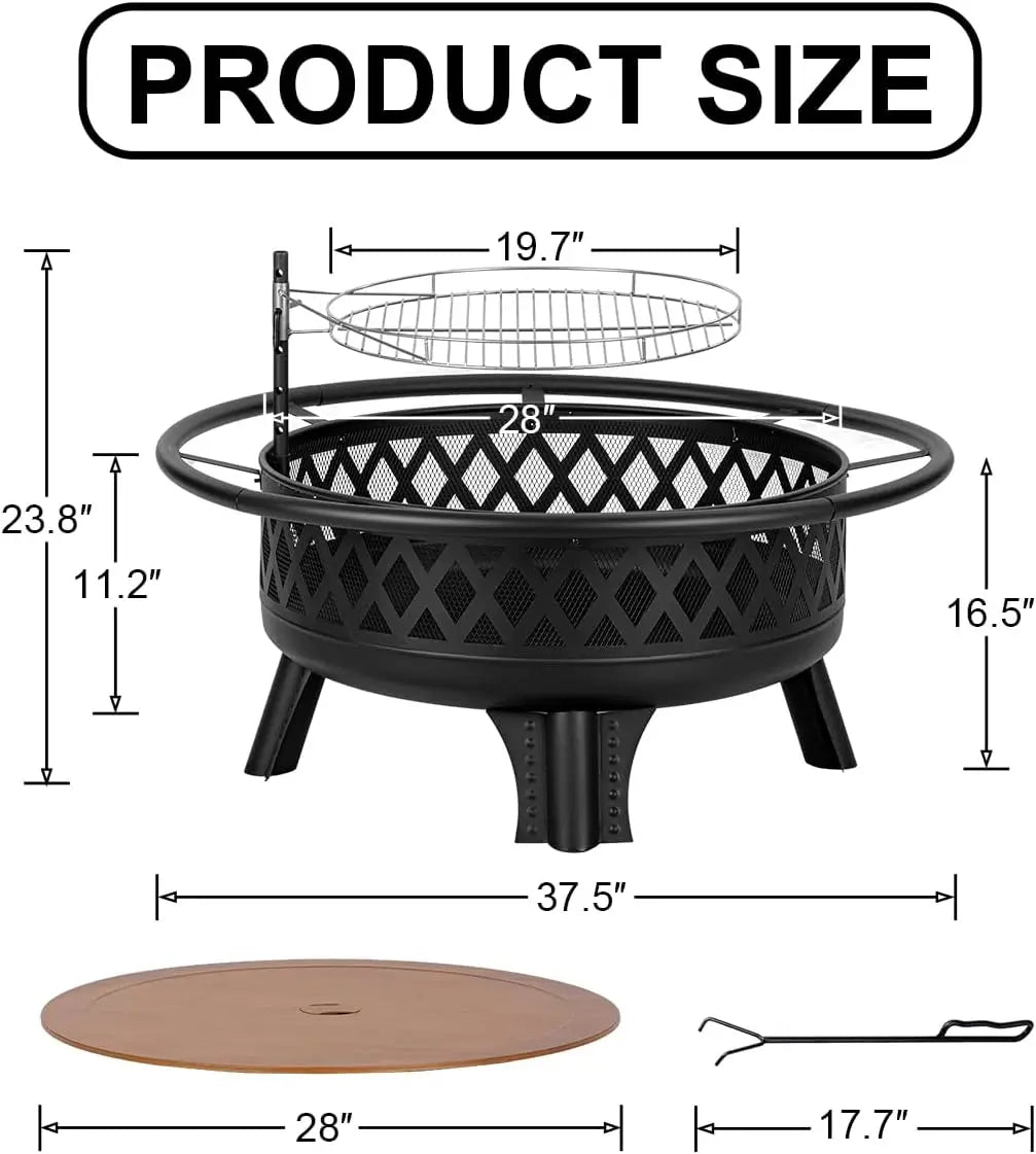 38 Inch Wood Burning Fire Pit for Outside, Round Firepit with Grill & Metal Lid, Metal Outdoor Fire Pit Table for Patio Backyard