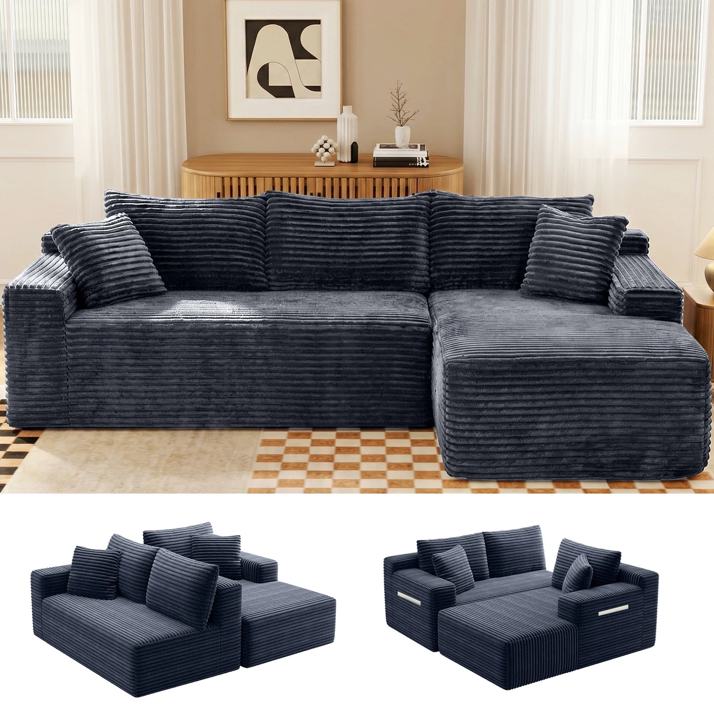 94.5" Cloud Modular Sectional Corduroy Sofa with L-Shape Chaise, No Assembly Deep Seat Corner Couch for Living Room, Black