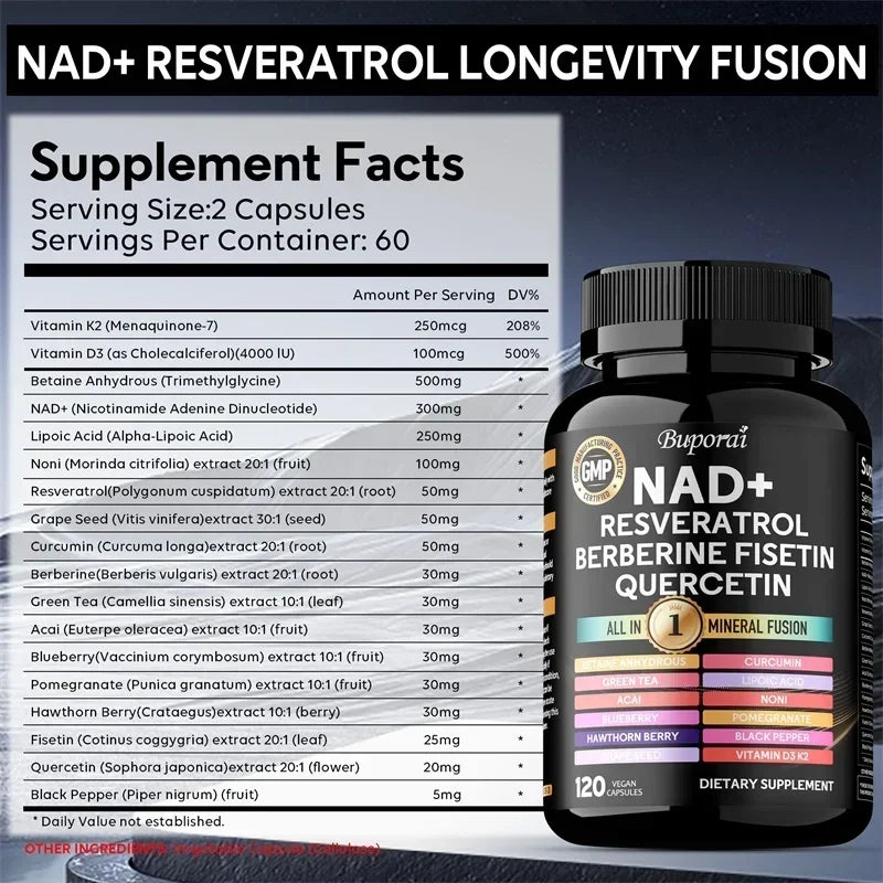 NAD+ Resveratrol Berberine - Supports Cardiovascular Health, Improves Endurance, Promotes Cell Health,Supplement Nutrition