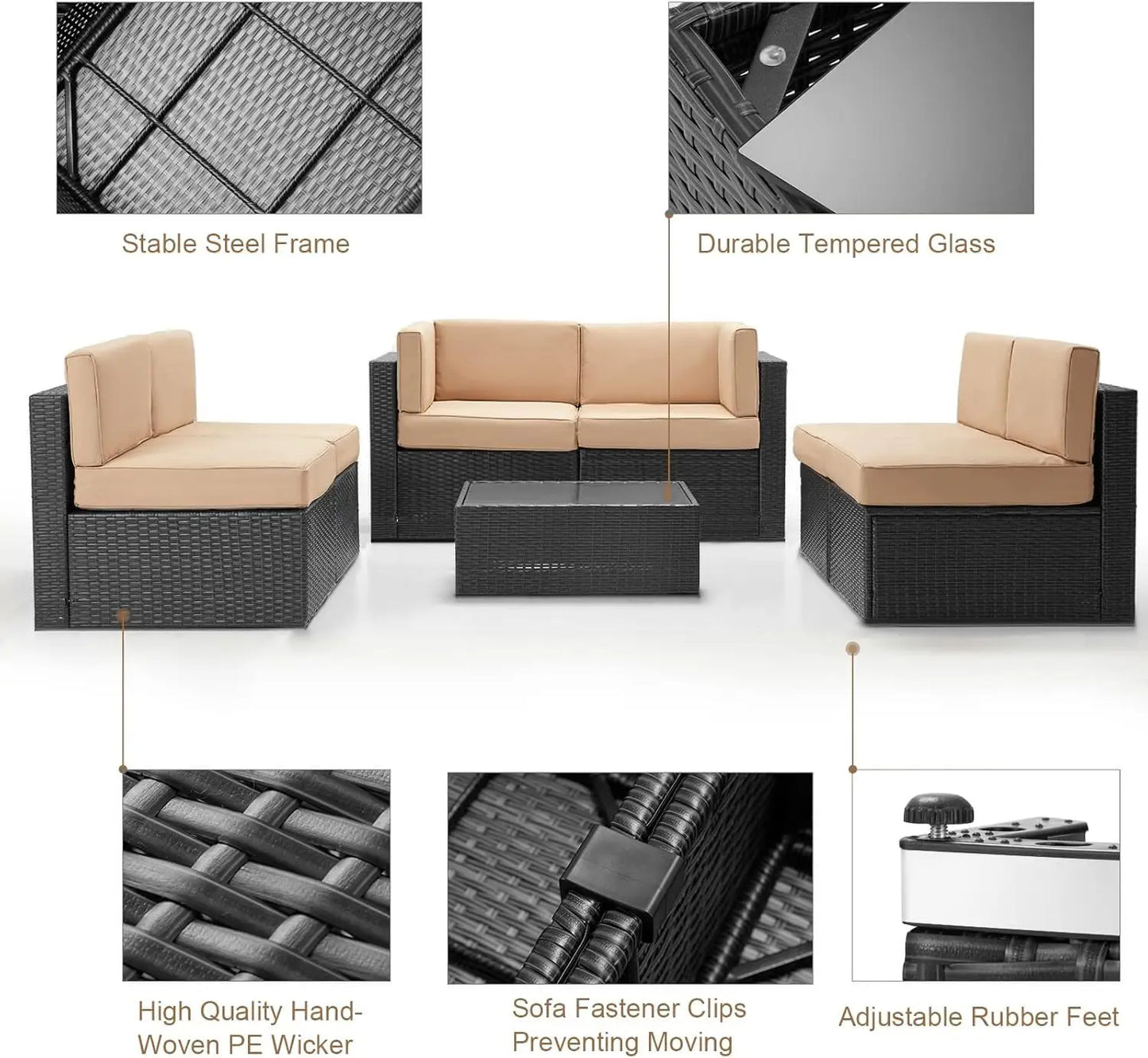 Outdoor Patio Furniture Set, PE Rattan Wicker Sectional Sofa with Cushions & Tea Table, 7 Piece, Black & Beige, Custom