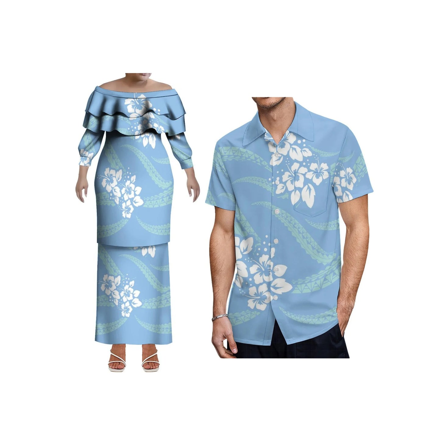 Pacific Island Art Design Customized Plus Size Ladies Long Sleeve Dress Samoa Puletasi Double Layered Ruffle Dress Two Piece Set