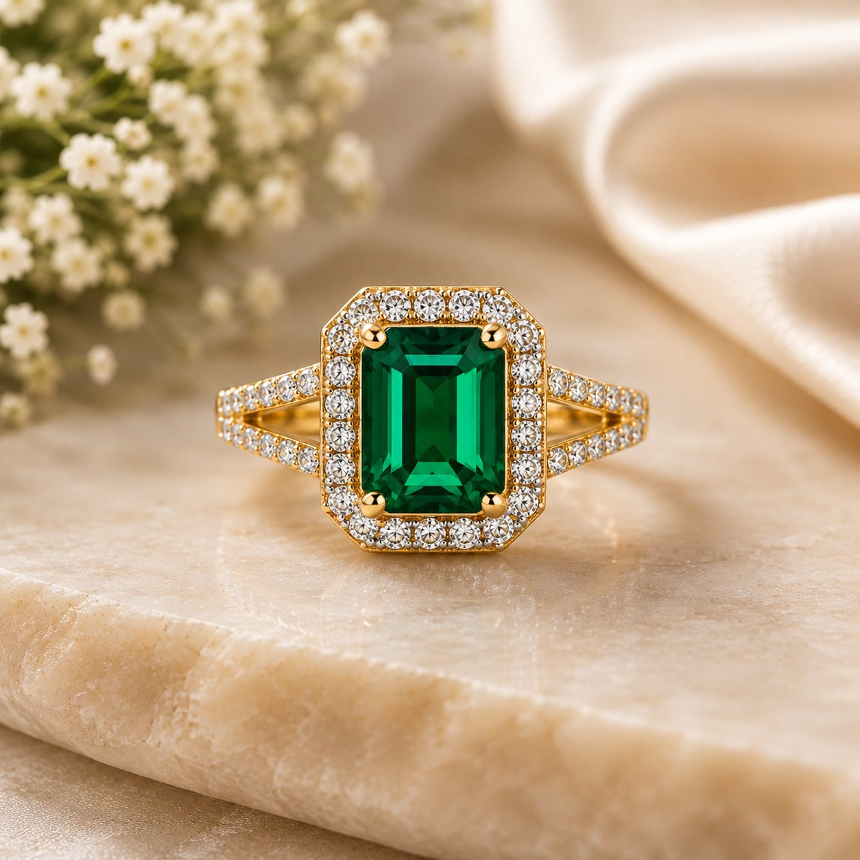 Luxury Emerald Halo Ring – Gold-Plated Green Gemstone Statement Ring