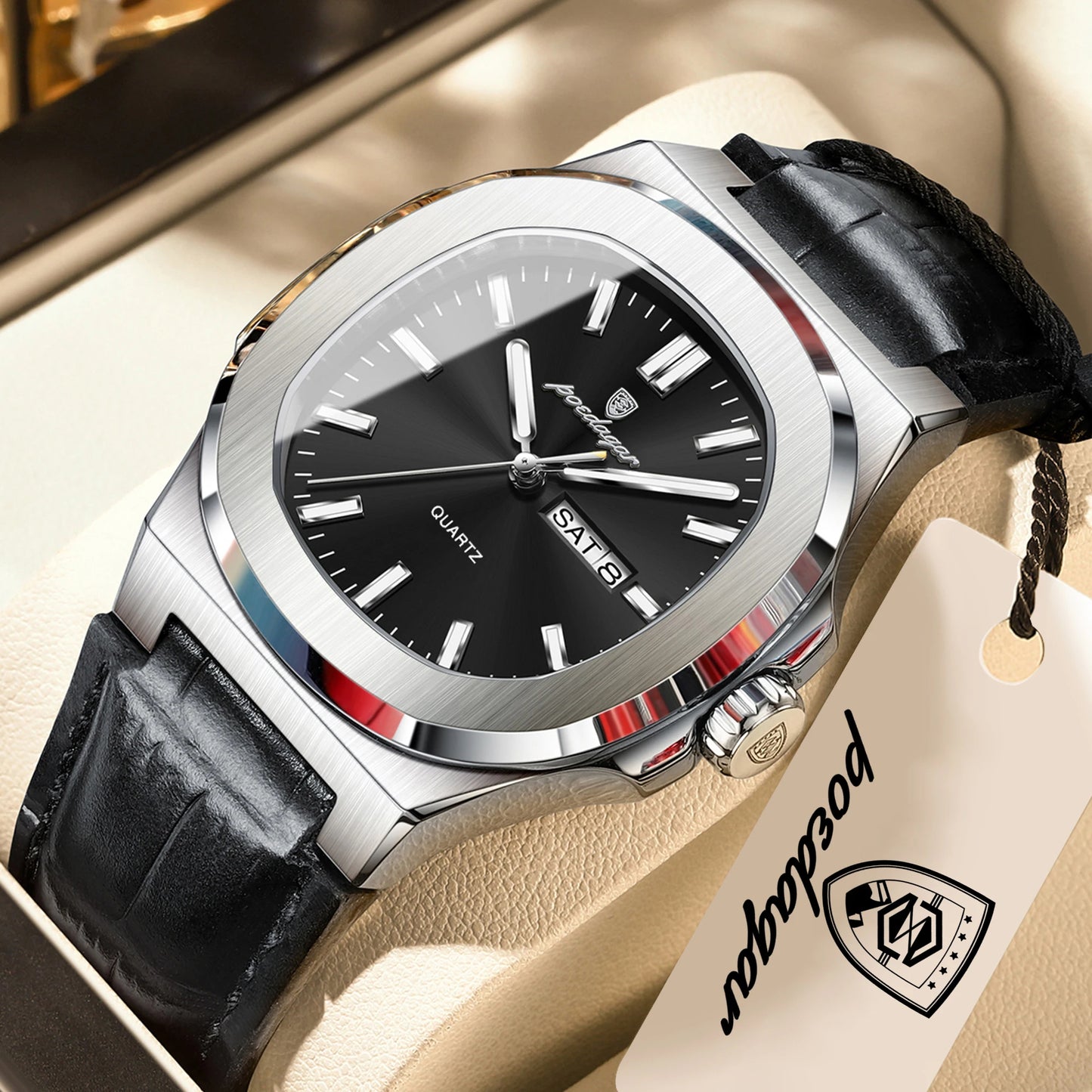 POEDAGAR Top Fashion Men's Quartz Watches Luxury Luminous Waterproof Man Clock Week Date Leather Business Men Watch Reloj Hombre