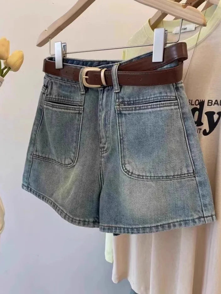 Women High Waist Denim Shorts with Belt Vintage Washed Big Pockets Casual Streetwear Hot Pants Summer Jeans Short