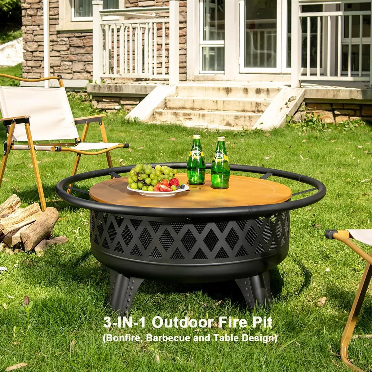 38 Inch Wood Burning Fire Pit for Outside, Round Firepit with Grill & Metal Lid, Metal Outdoor Fire Pit Table for Patio Backyard