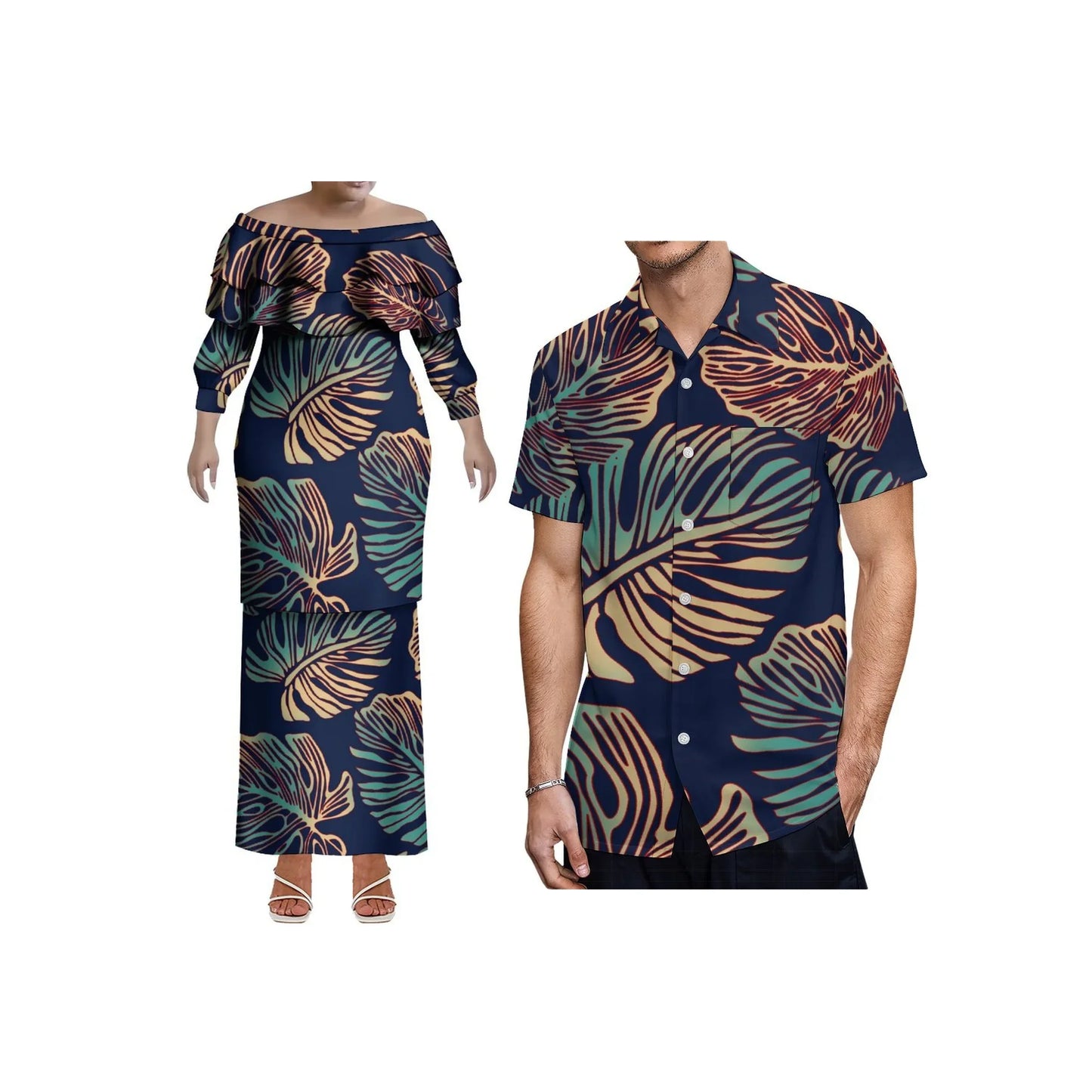 Pacific Island Art Design Customized Plus Size Ladies Long Sleeve Dress Samoa Puletasi Double Layered Ruffle Dress Two Piece Set