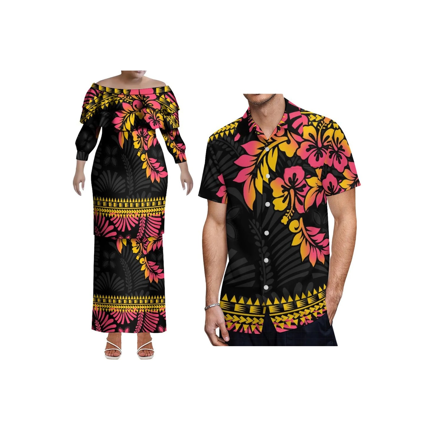 Pacific Island Art Design Customized Plus Size Ladies Long Sleeve Dress Samoa Puletasi Double Layered Ruffle Dress Two Piece Set