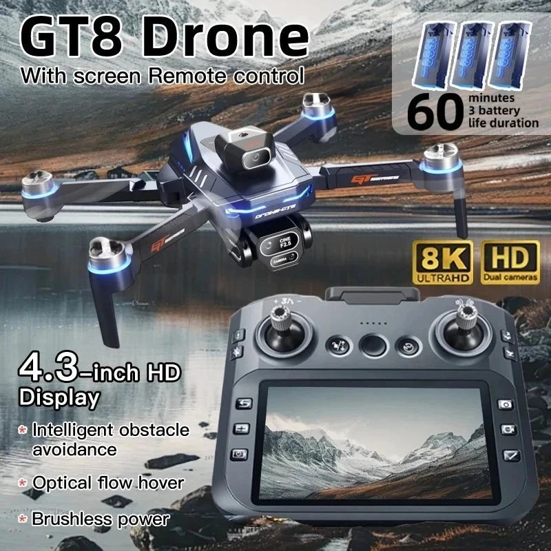 Original GT8 Drone 8K HD Three-camera Aerial Photography Wifi FPV RC with screen Brushless Motor Folding Quadcopter Dron Toys