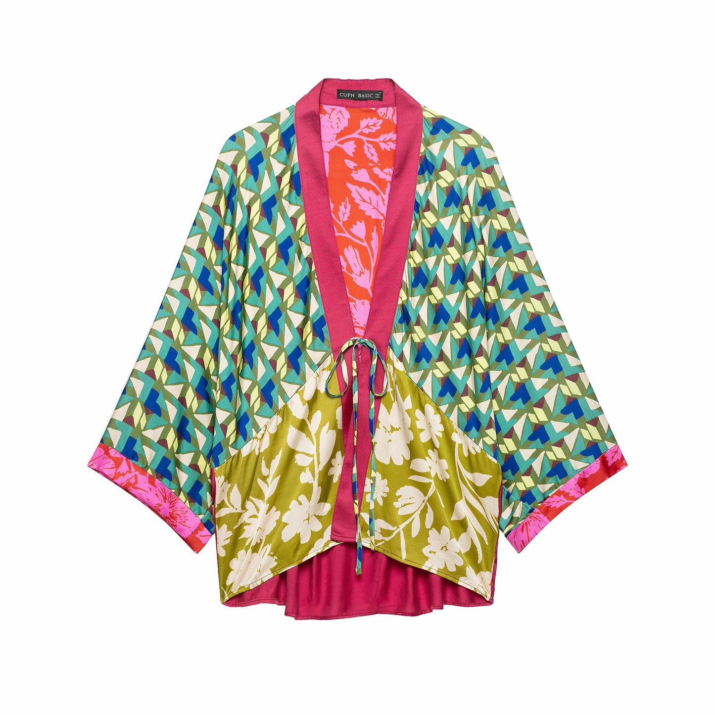 2 pieces 1 Set Autumn Contrast Color Geometric Print Bow Long Bat Sleeve Kimono Cardigan + Tie Bow Waist Asymmetry Skirts Suits