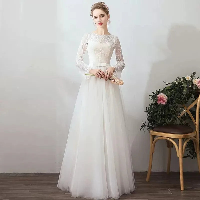 2026 New Bridal Retro Long Sleeve Wedding Dress, Evening Dress, Fashionable, Simple and Slim Outing Yarn Super Fairy Dress
